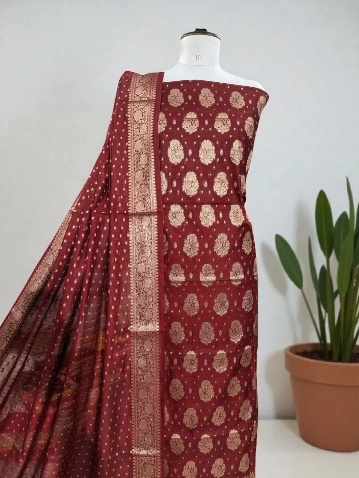 Maroon Banarasi Cotton Silk Suit with Floral Zari Dupatta | Elegant Wedding & Festive Wear