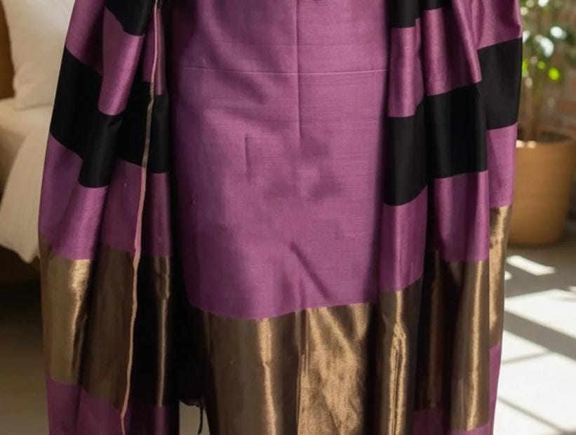 Dusty Rose Purple Banarasi Cotton Silk Suit with Black Stripe Pattern | Festive Wear