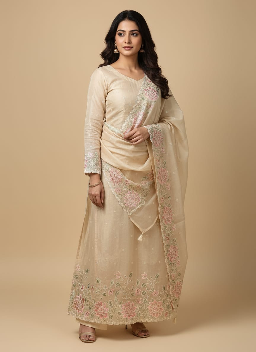 Beige-Cream Banarasi Silk Ensemble with Elegant Resham Embroidery & Scalloped Dupatta | Wedding & Festive Wear