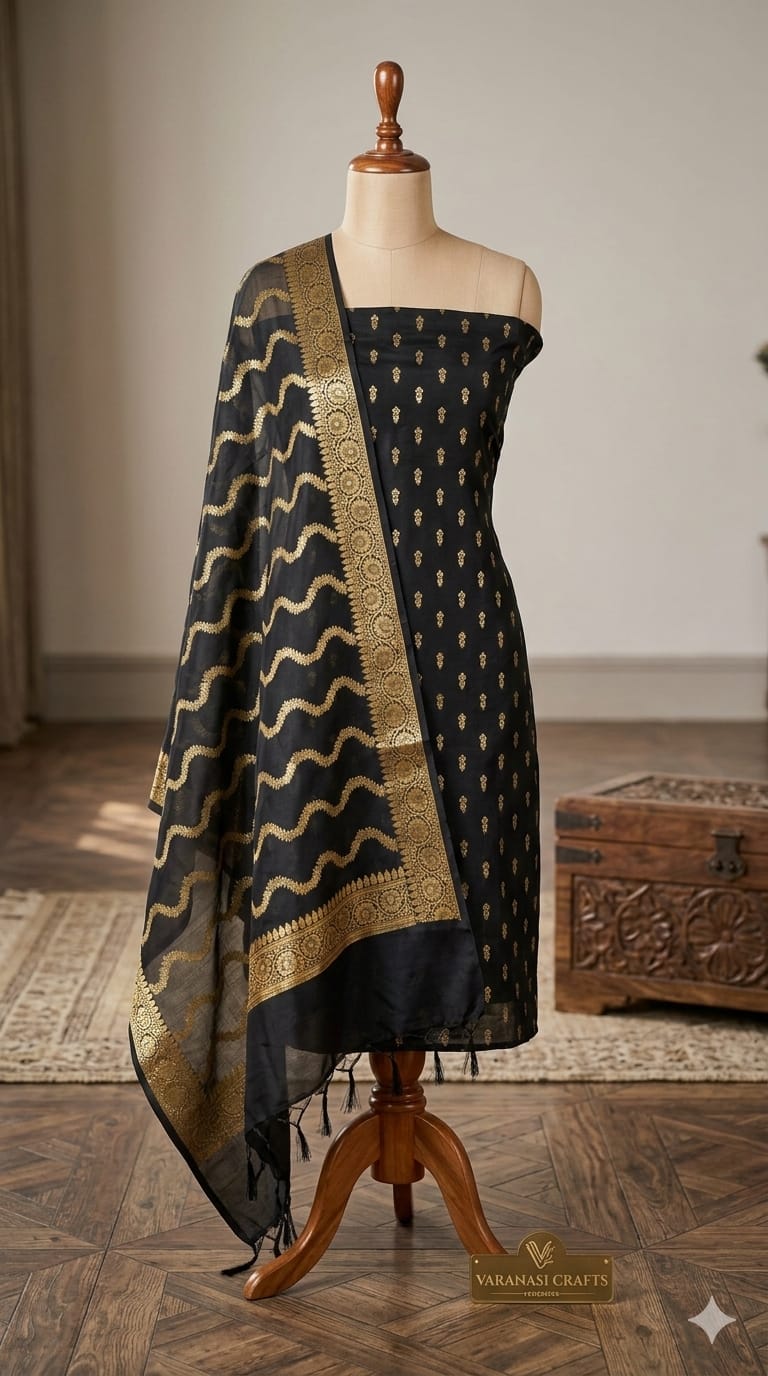 Black Banarasi Cotton Silk Suit with Gold Zari Weaving | Elegant Wedding & Festive Wear