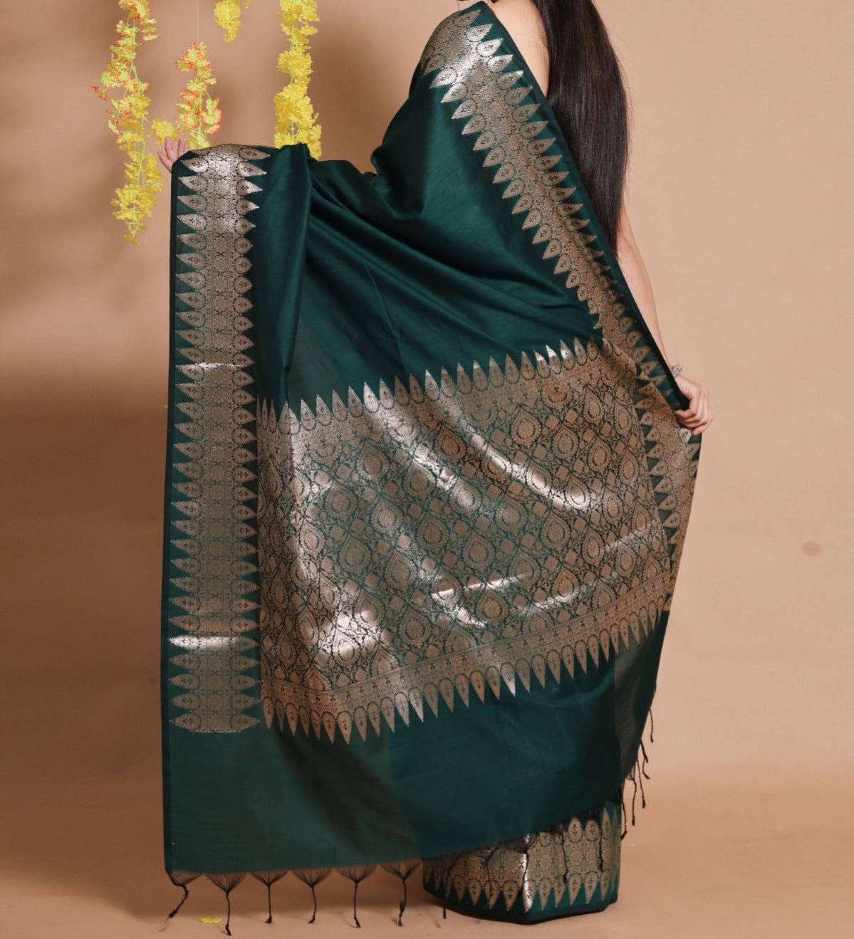 Bottle Green Banarasi Soft Silk Saree with Zari Border