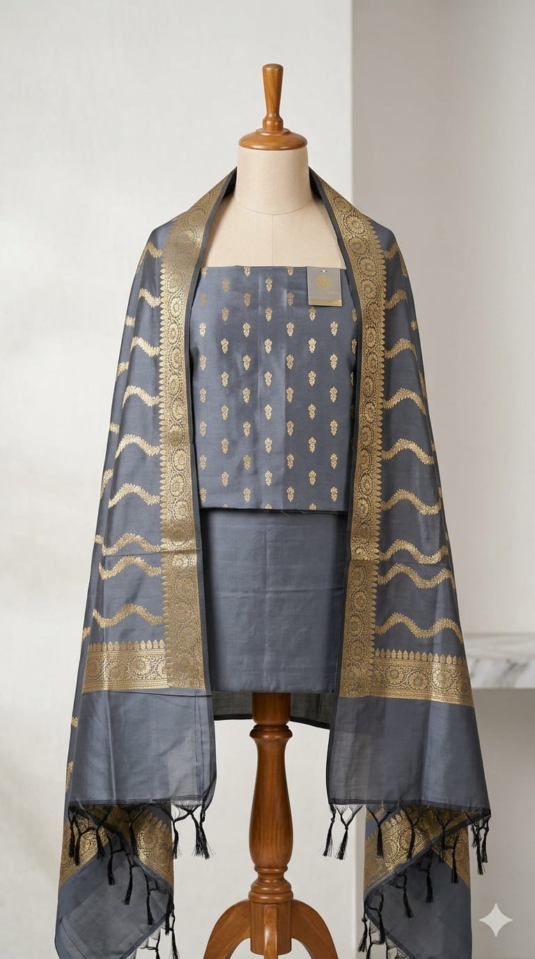 Grey Banarasi Cotton Silk Suit with Gold Zari Weaving | Elegant Wedding & Festive Wear