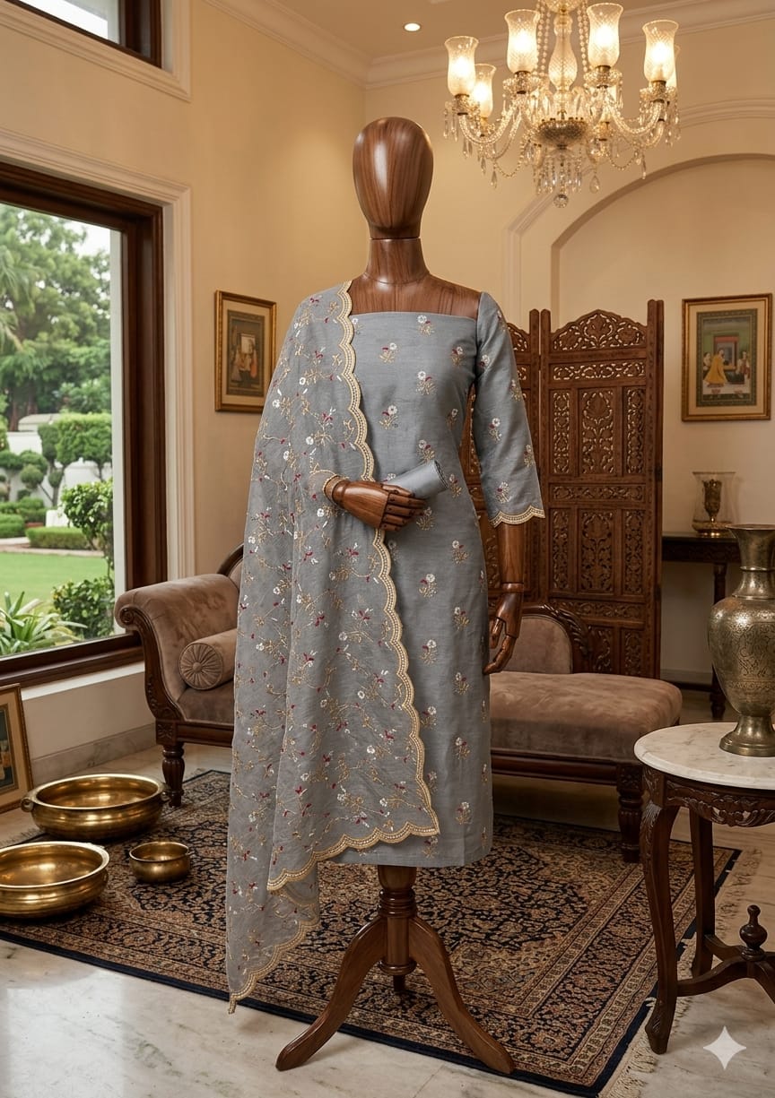 Gray Banarasi Suit Set with Embroidered Dupatta Premium Ethnic Wear