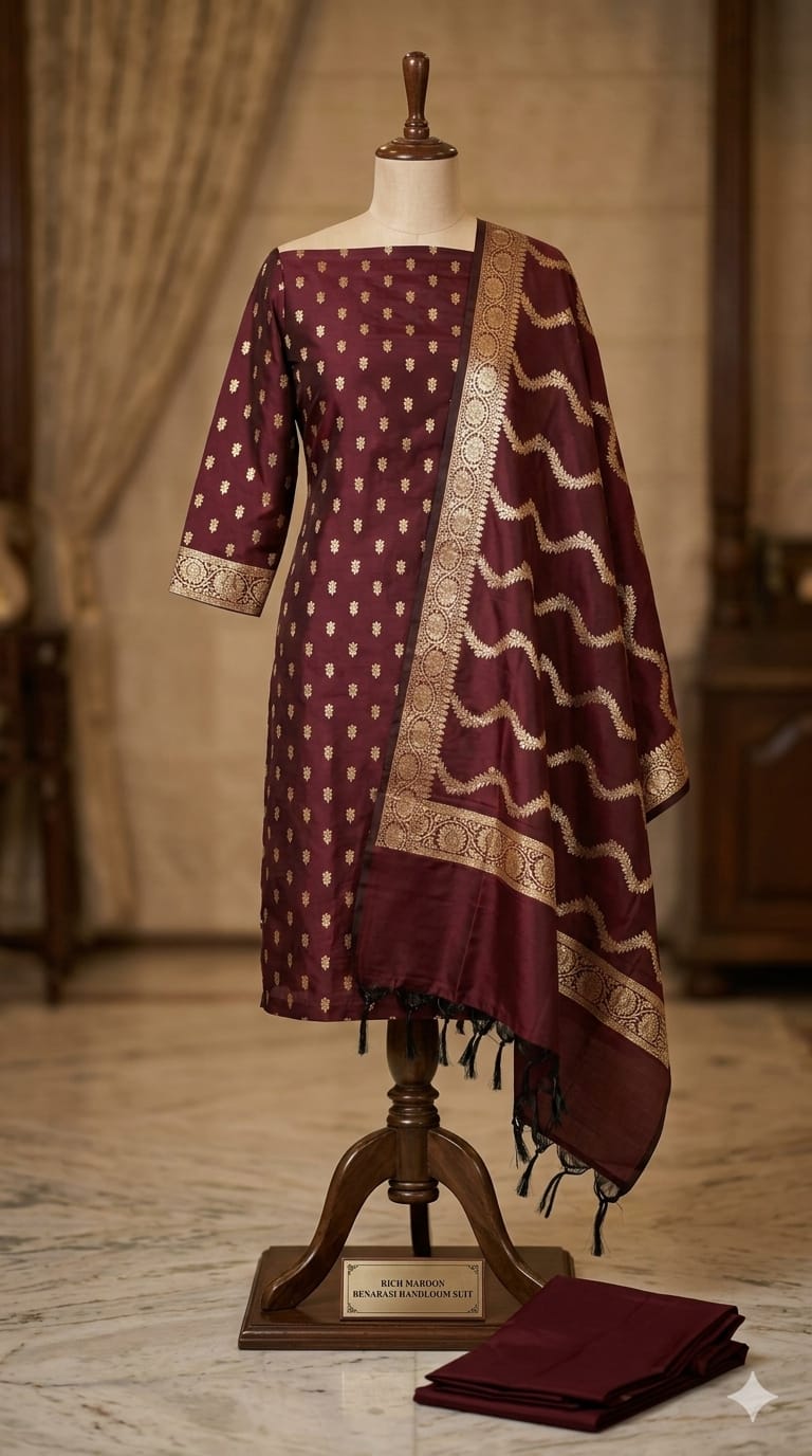 Maroon Banarasi Cotton Silk Suit with Gold Zari Weaving | Elegant Wedding & Festive Wear