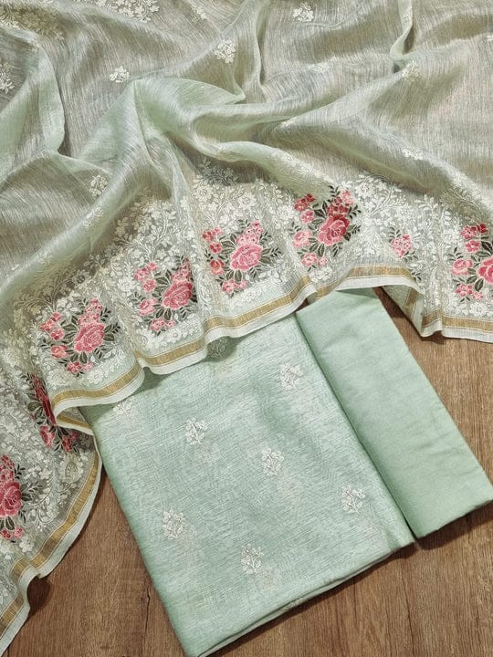 Mint Green Banarasi Cotton Silk Suit with Floral Zari Dupatta | Elegant Wedding & Festive Wear