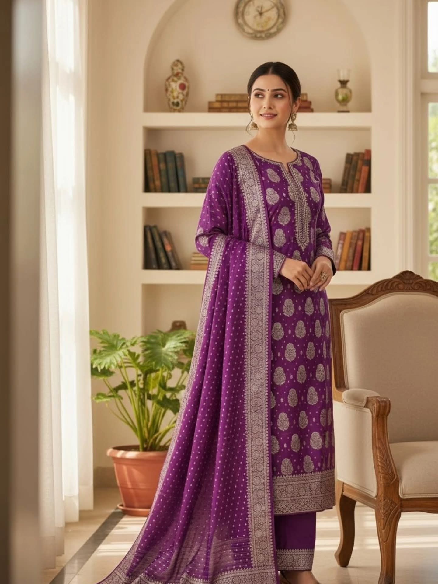 Warm Purple Banarasi Cotton Silk Suit with Floral Zari Dupatta | Elegant Wedding & Festive Wear