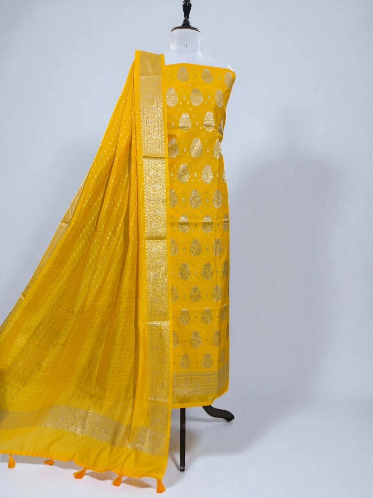 Yellow Banarasi Cotton Silk Suit with Floral Zari Dupatta | Elegant Wedding & Festive Wear
