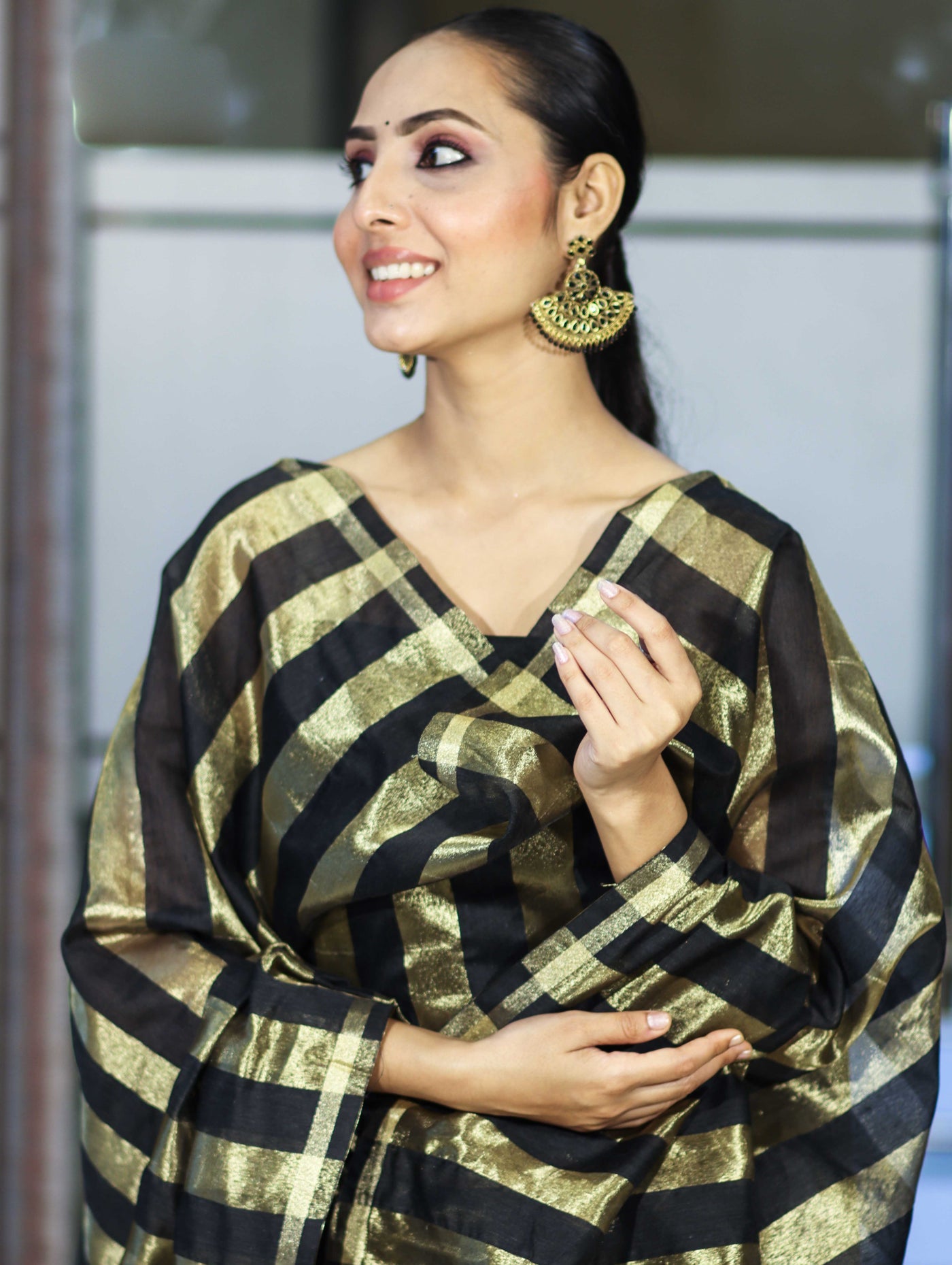 Black Banarasi Cotton Silk Suit with Golden Stripe Pattern | Festive Wear