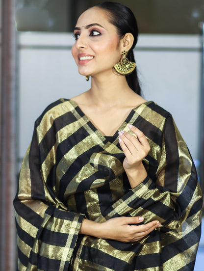 Black Banarasi Cotton Silk Suit with Golden Stripe Pattern | Festive Wear
