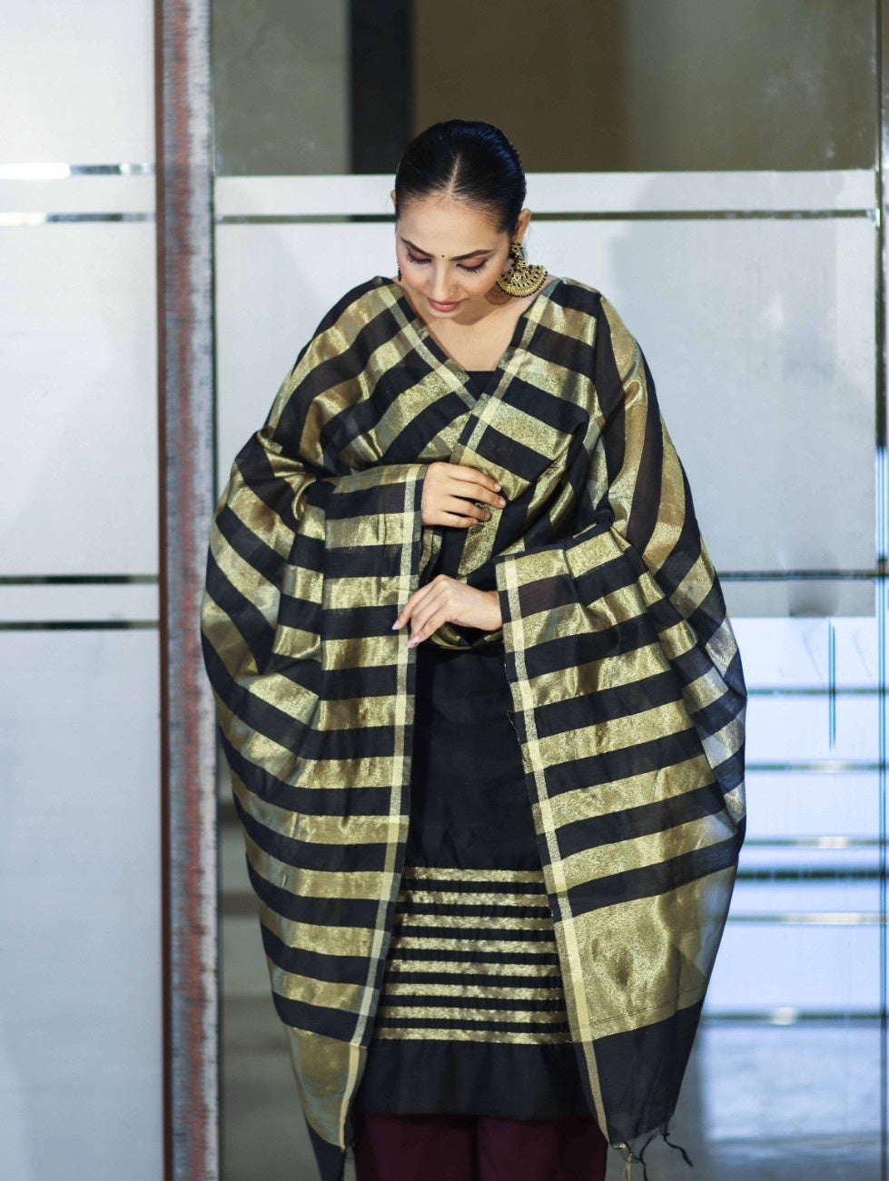 Black Banarasi Cotton Silk Suit with Golden Stripe Pattern | Festive Wear