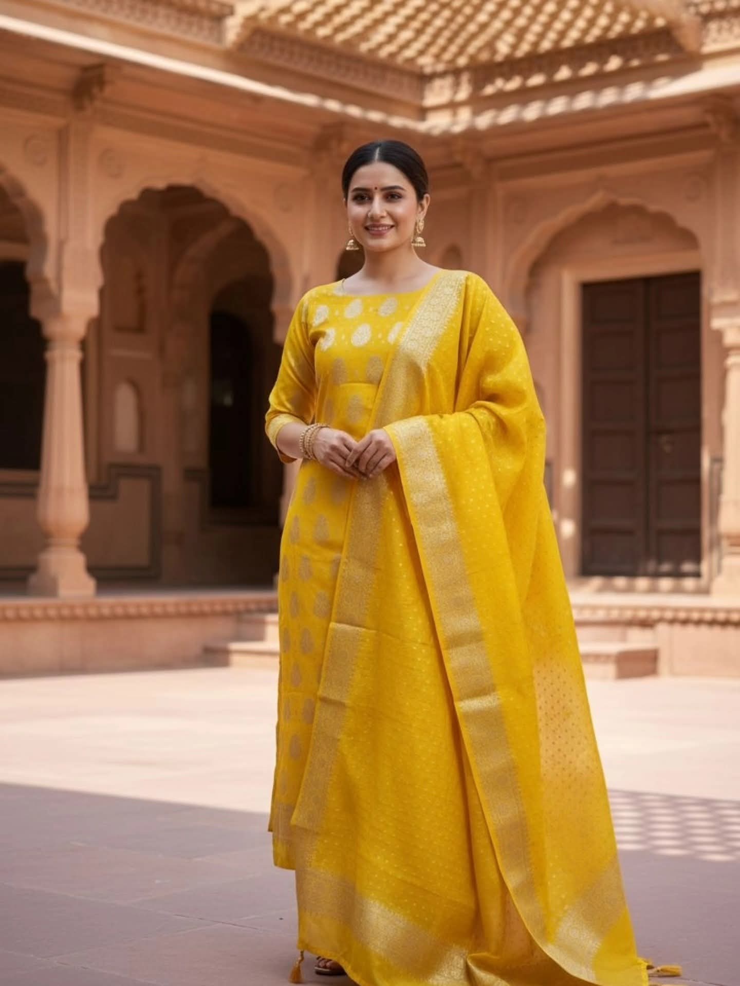 Yellow Banarasi Cotton Silk Suit with Floral Zari Dupatta | Elegant Wedding & Festive Wear