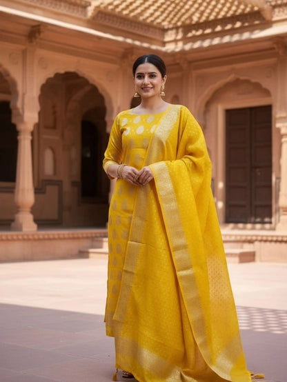 Yellow Banarasi Cotton Silk Suit with Floral Zari Dupatta | Elegant Wedding & Festive Wear
