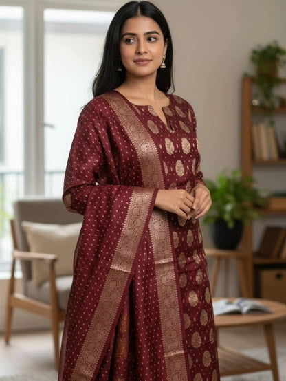 Maroon Banarasi Cotton Silk Suit with Floral Zari Dupatta | Elegant Wedding & Festive Wear