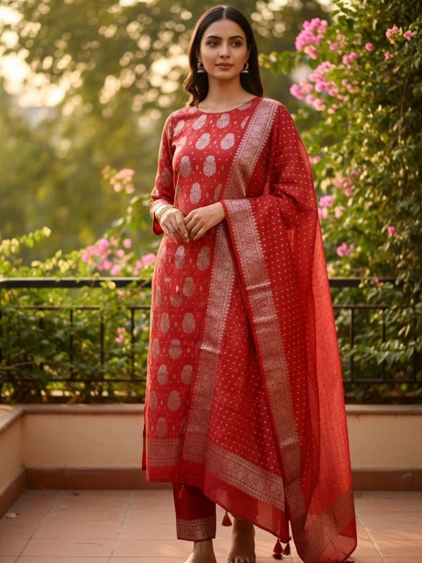 Red Banarasi Cotton Silk Suit with Floral Zari Dupatta | Elegant Wedding & Festive Wear
