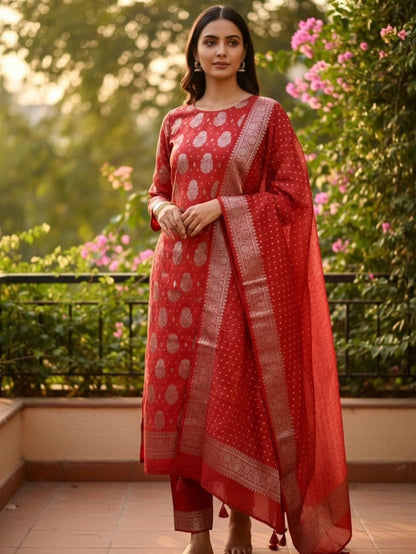 Red Banarasi Cotton Silk Suit with Floral Zari Dupatta | Elegant Wedding & Festive Wear