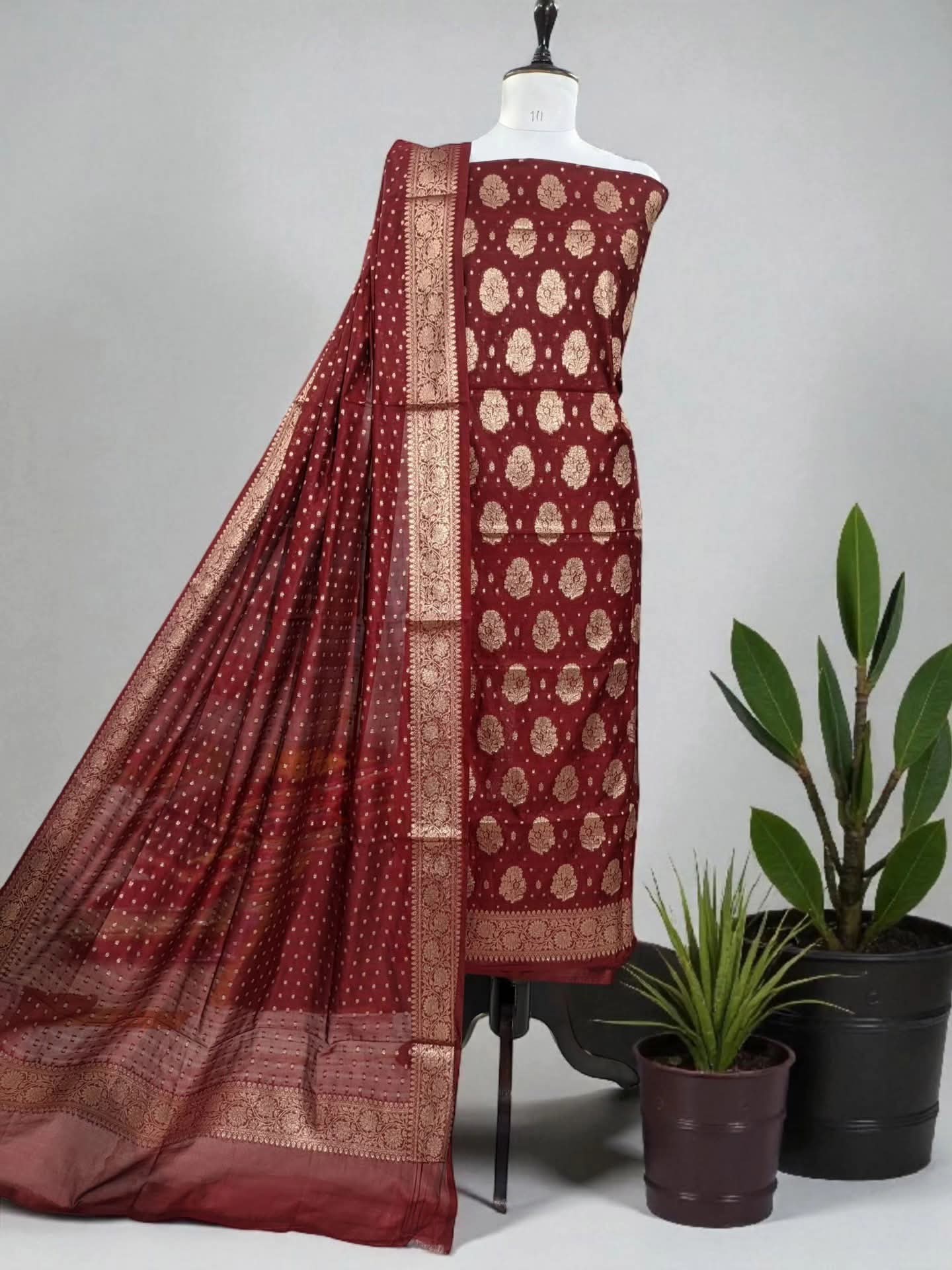 Maroon Banarasi Cotton Silk Suit with Floral Zari Dupatta | Elegant Wedding & Festive Wear