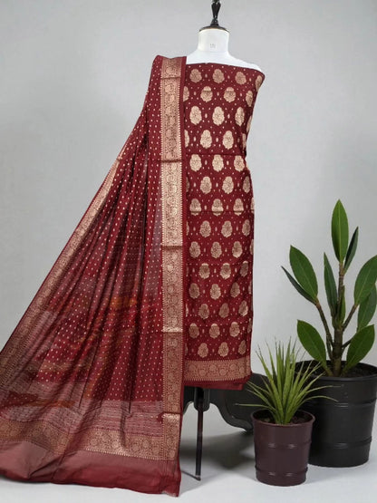 Maroon Banarasi Cotton Silk Suit with Floral Zari Dupatta | Elegant Wedding & Festive Wear