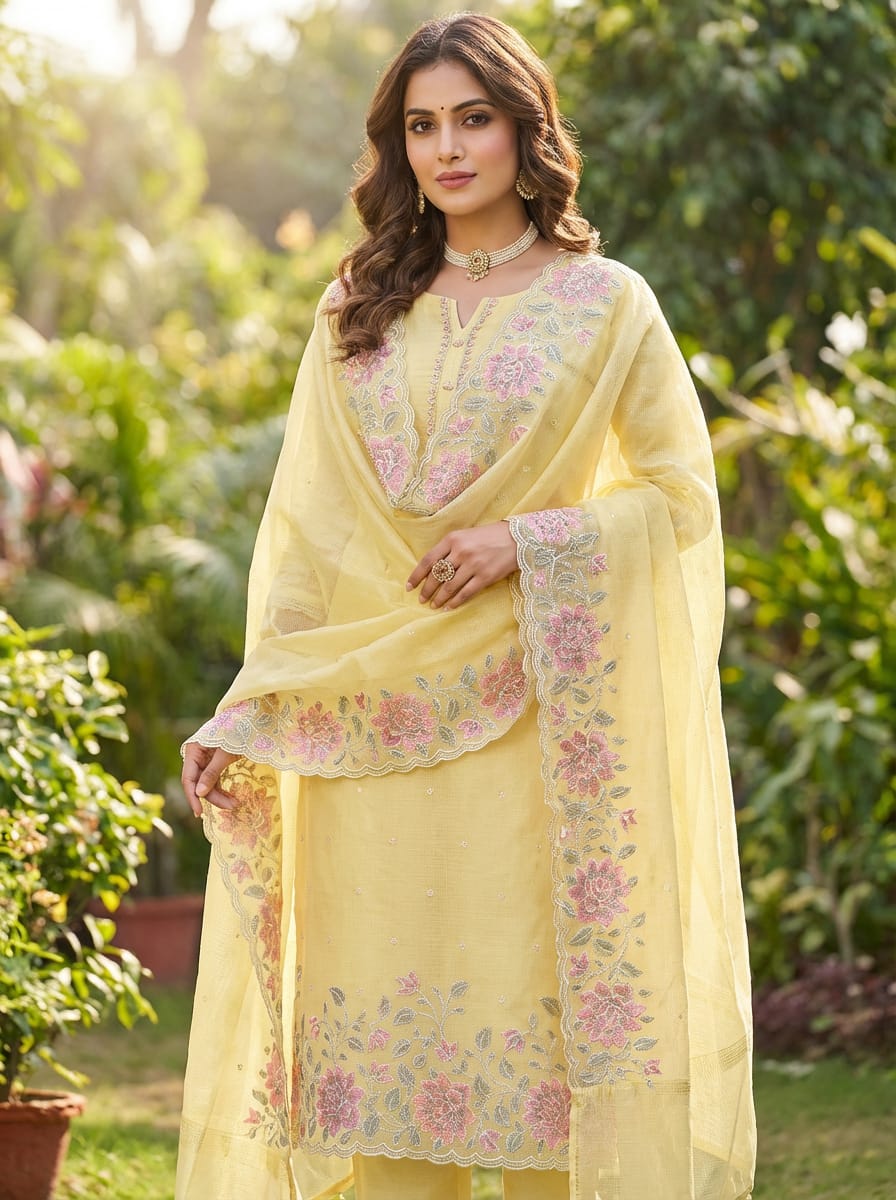 Sophisticated Lemon Yellow Banarasi Silk Ensemble with Elegant Resham Embroidery & Scalloped Dupatta | Wedding & Festive Wear