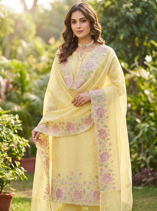 Sophisticated Lemon Yellow Banarasi Silk Ensemble with Elegant Resham Embroidery & Scalloped Dupatta | Wedding & Festive Wear