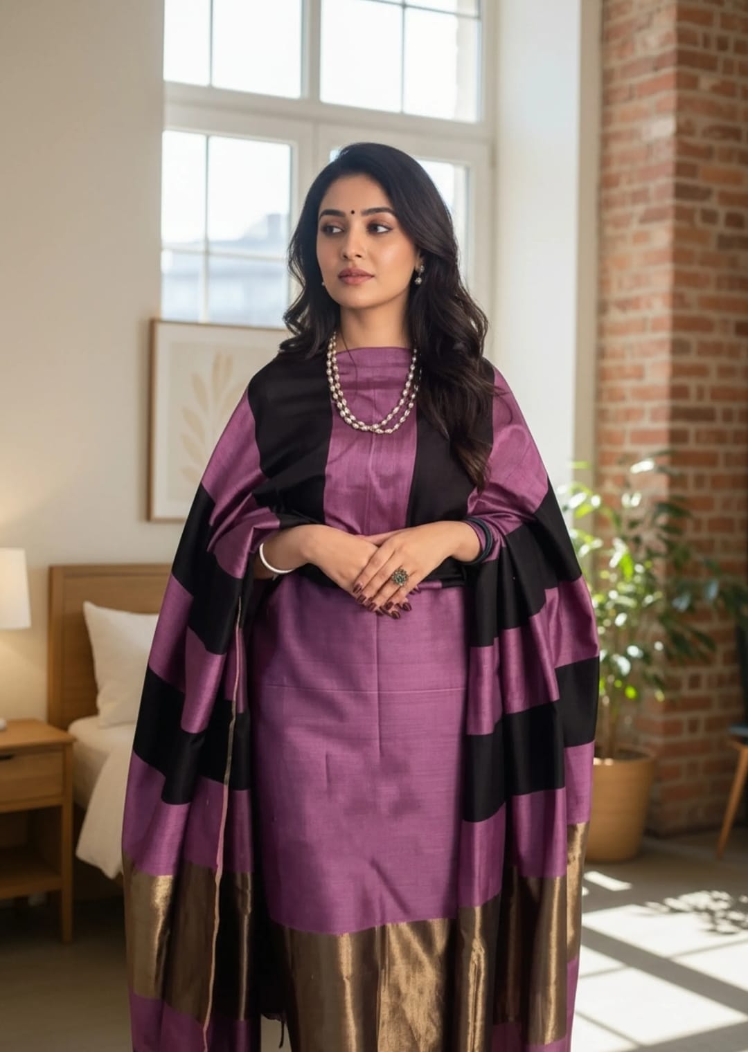 Dusty Rose Purple Banarasi Cotton Silk Suit with Black Stripe Pattern | Festive Wear