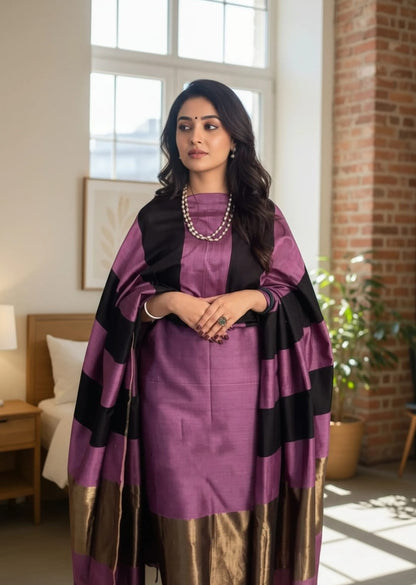 Dusty Rose Purple Banarasi Cotton Silk Suit with Black Stripe Pattern | Festive Wear