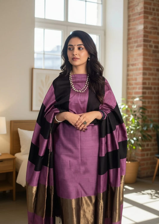 Dusty Rose Purple Banarasi Cotton Silk Suit with Black Stripe Pattern | Festive Wear
