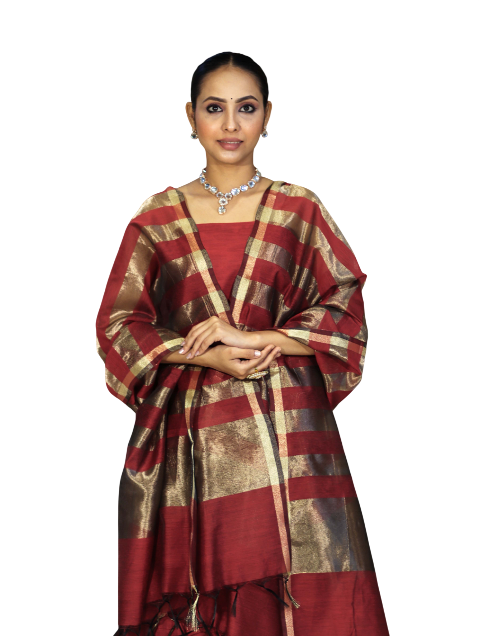 Red Banarasi Cotton Silk Suit with Golden Stripe Pattern | Festive Wear