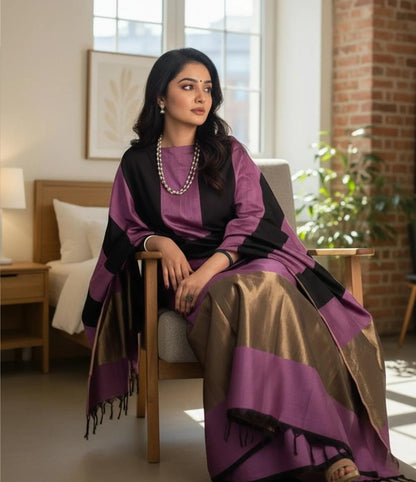 Dusty Rose Purple Banarasi Cotton Silk Suit with Black Stripe Pattern | Festive Wear