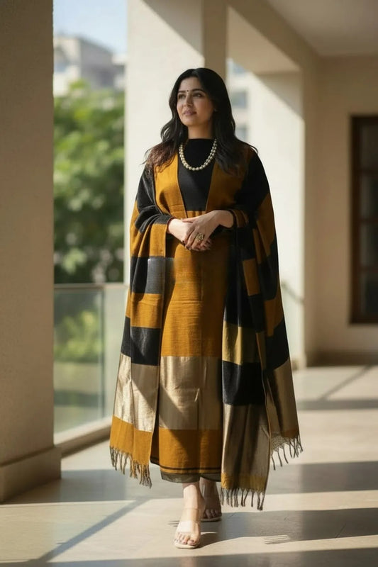 Fine Musturd Banarasi Cotton Silk Suit with Black Stripe Pattern | Festive Wear