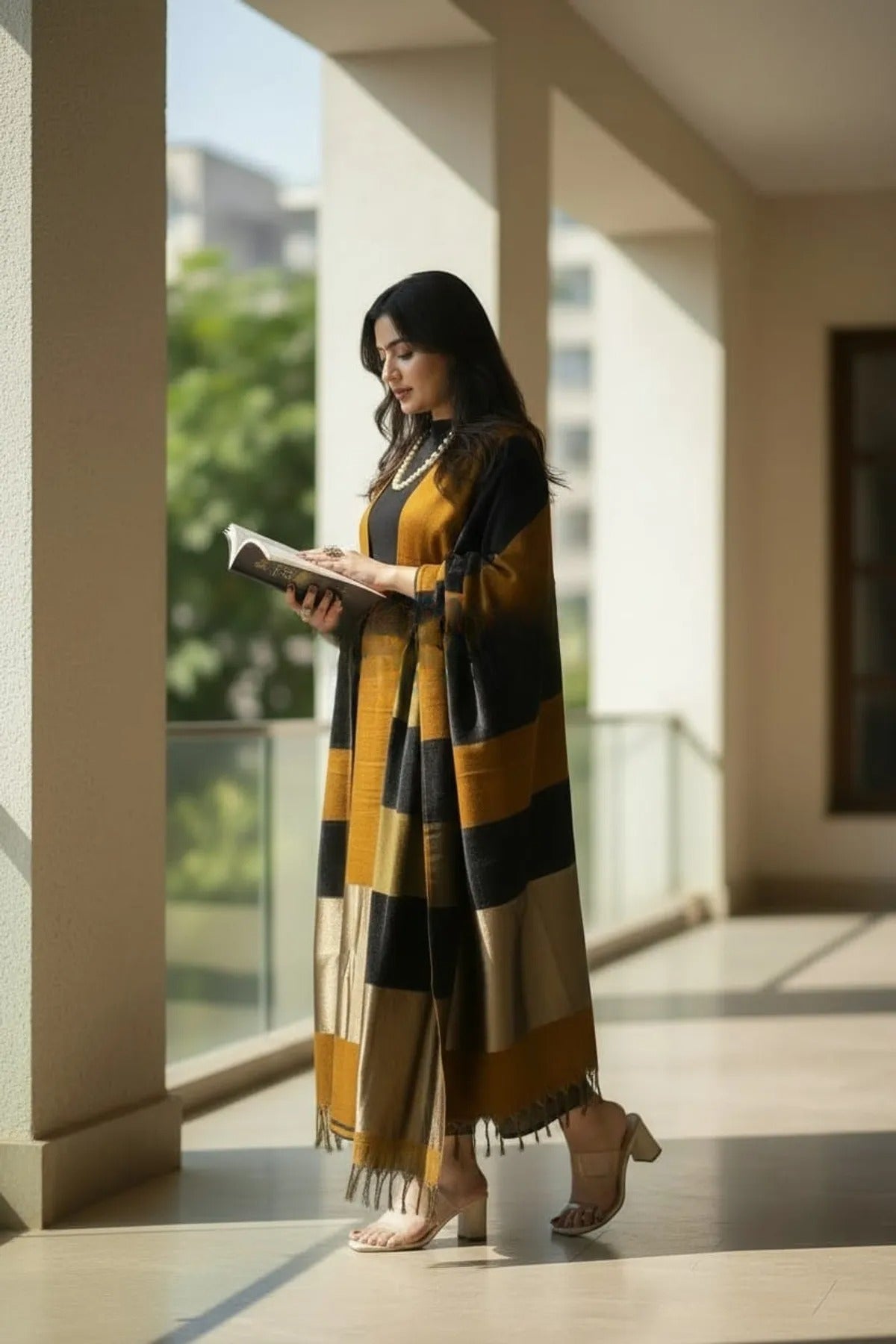 Fine Musturd Banarasi Cotton Silk Suit with Black Stripe Pattern | Festive Wear