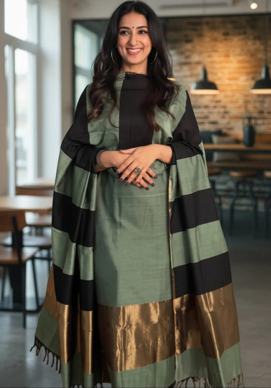 Grey Banarasi Cotton Silk Suit with Black Stripe Pattern | Festive Wear