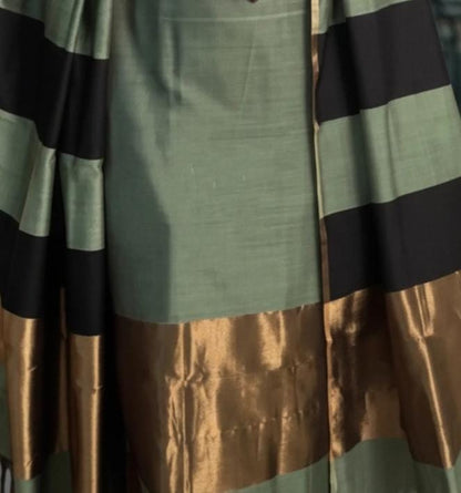 Grey Banarasi Cotton Silk Suit with Black Stripe Pattern | Festive Wear