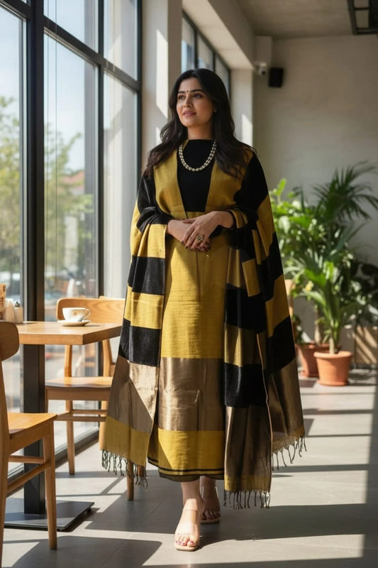 Musturd Banarasi Cotton Silk Suit with Black Stripe Pattern | Festive Wear