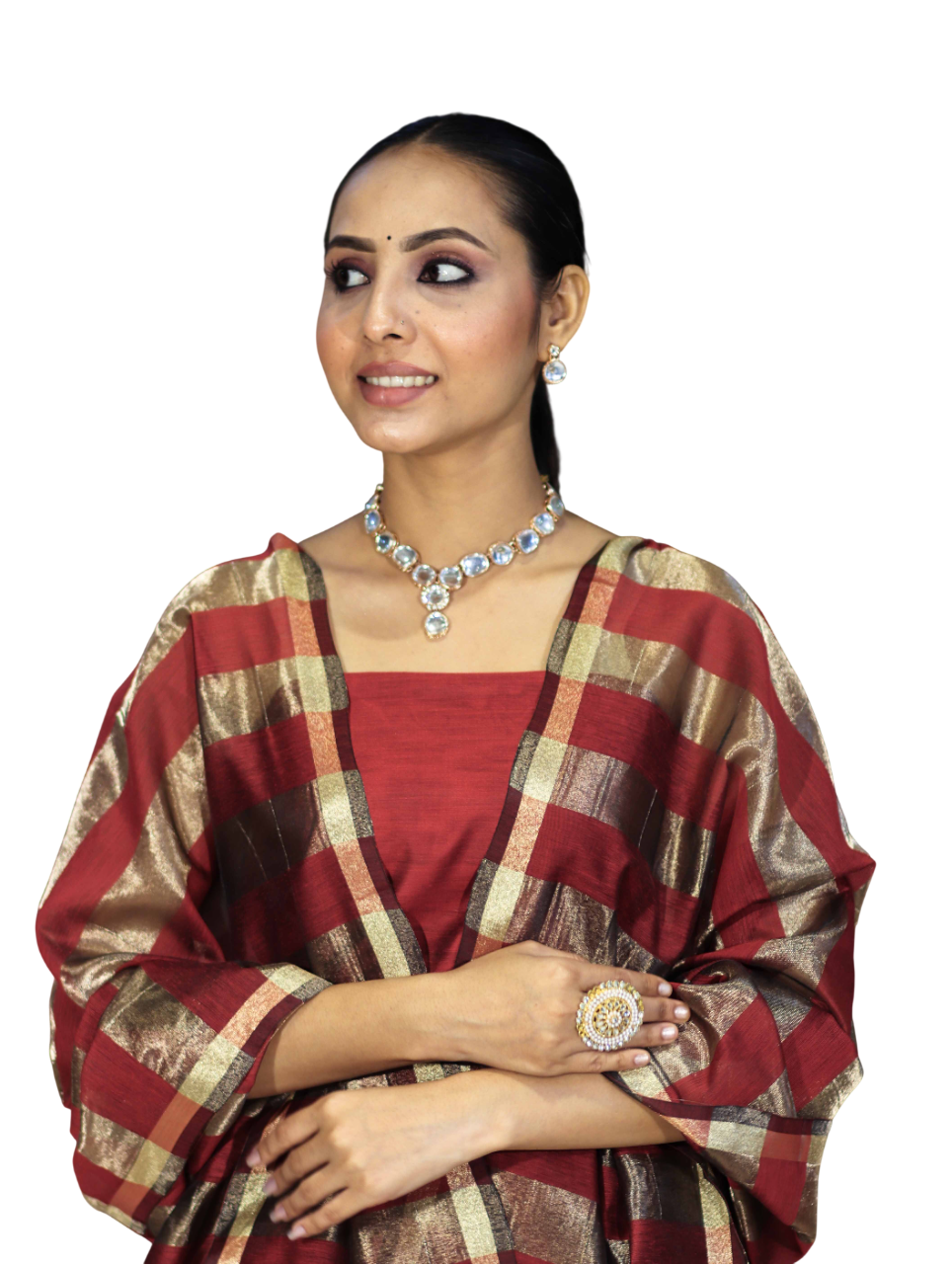 Red Banarasi Cotton Silk Suit with Golden Stripe Pattern | Festive Wear