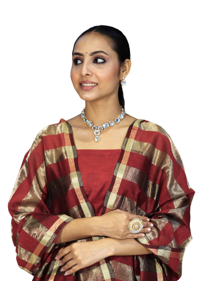 Red Banarasi Cotton Silk Suit with Golden Stripe Pattern | Festive Wear