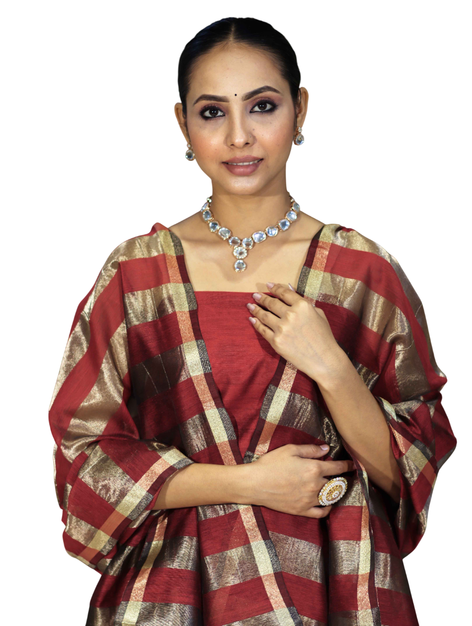 Red Banarasi Cotton Silk Suit with Golden Stripe Pattern | Festive Wear