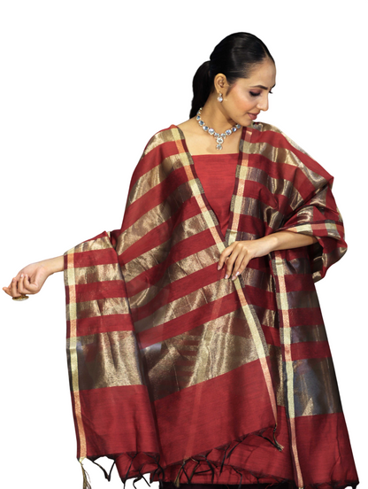 Red Banarasi Cotton Silk Suit with Golden Stripe Pattern | Festive Wear
