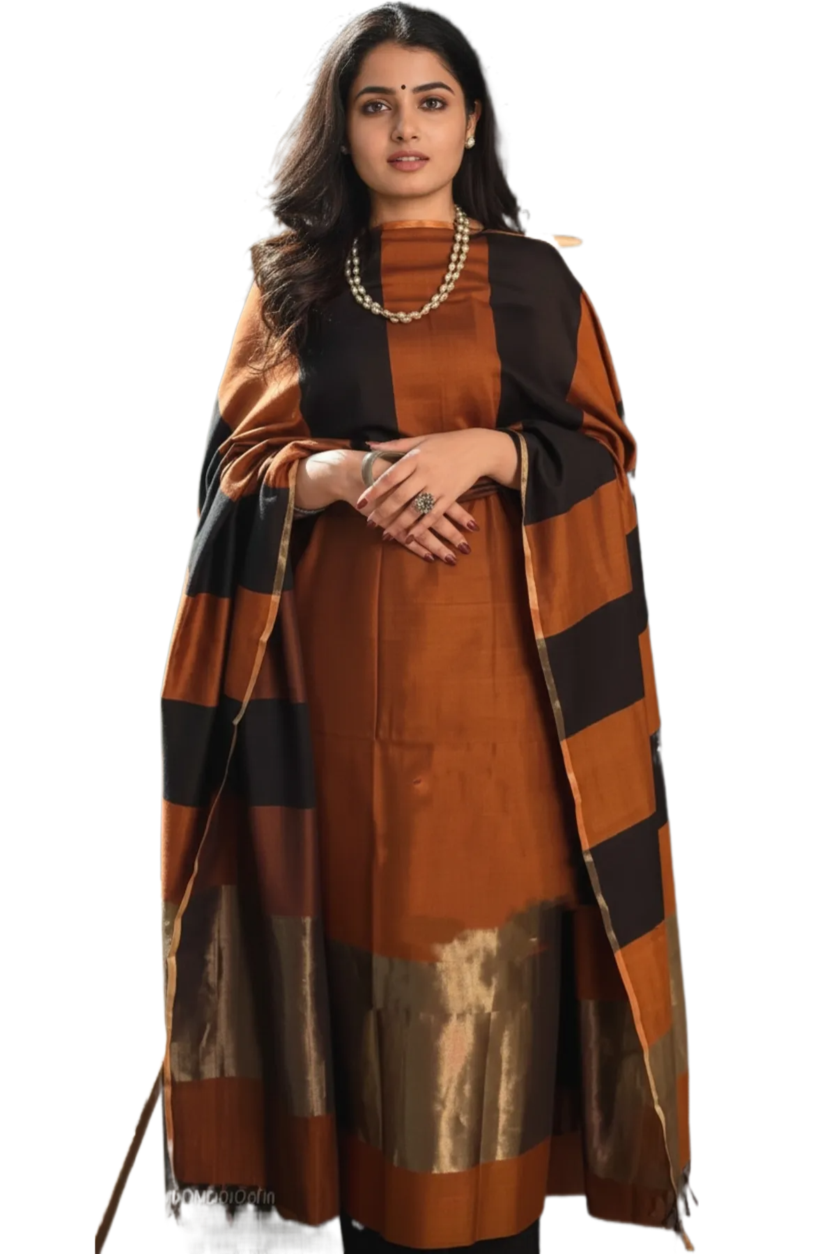 Rust Brown Banarasi Cotton Silk Suit with Black Stripe Pattern | Festive Wear