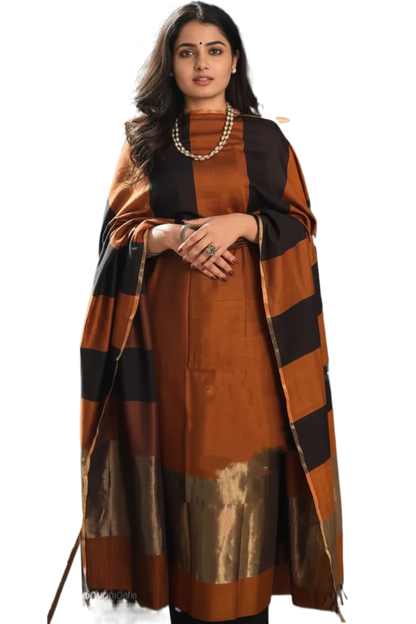 Rust Brown Banarasi Cotton Silk Suit with Black Stripe Pattern | Festive Wear