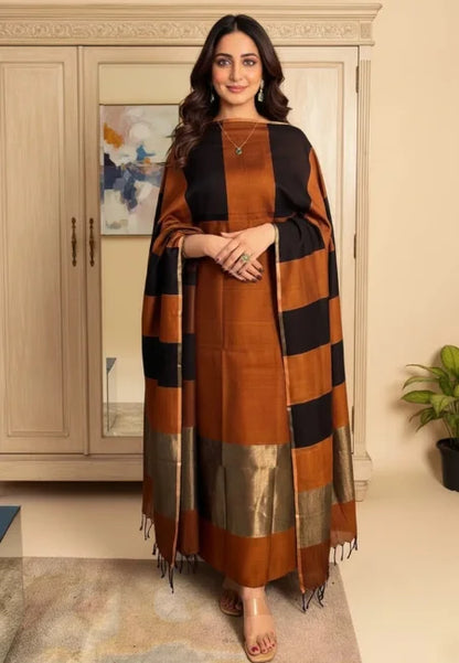 Rust Brown Banarasi Cotton Silk Suit with Black Stripe Pattern | Festive Wear