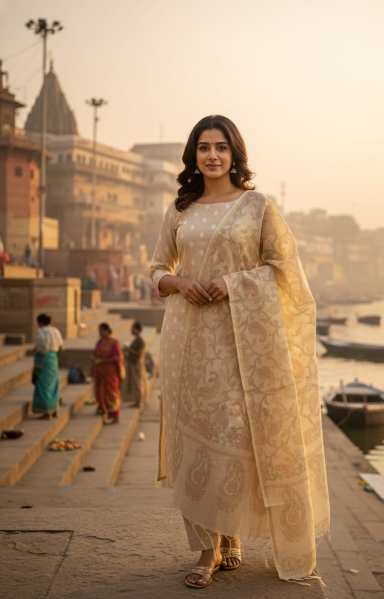 Beige-Cream Banarasi Suit Set with Elegant Dupatta | Lightweight Ethnic Wear