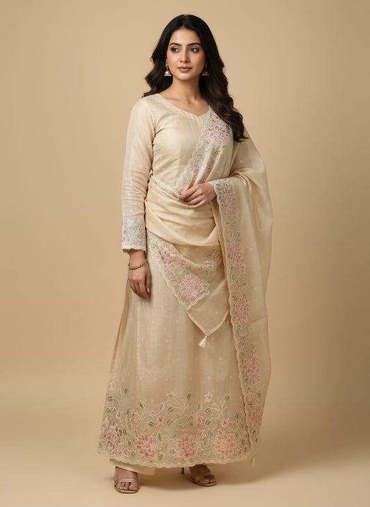 Beige-Cream Banarasi Silk Ensemble with Elegant Resham Embroidery & Scalloped Dupatta | Wedding & Festive Wear