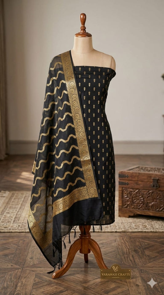 Black Banarasi Cotton Silk Suit with Gold Zari Weaving | Elegant Wedding & Festive Wear