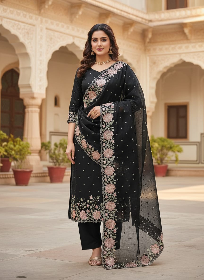 Black Banarasi Silk Ensemble with Elegant Resham Embroidery & Scalloped Dupatta | Wedding & Festive Wear