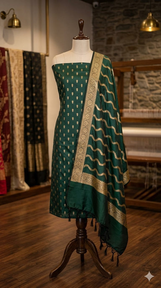Bottle Green Musturd Banarasi Cotton Silk Suit with Gold Zari Weaving | Elegant Wedding & Festive Wear