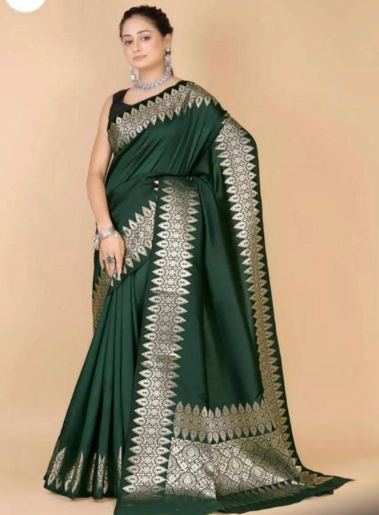 Bottle Green Banarasi Soft Silk Saree with Zari Border