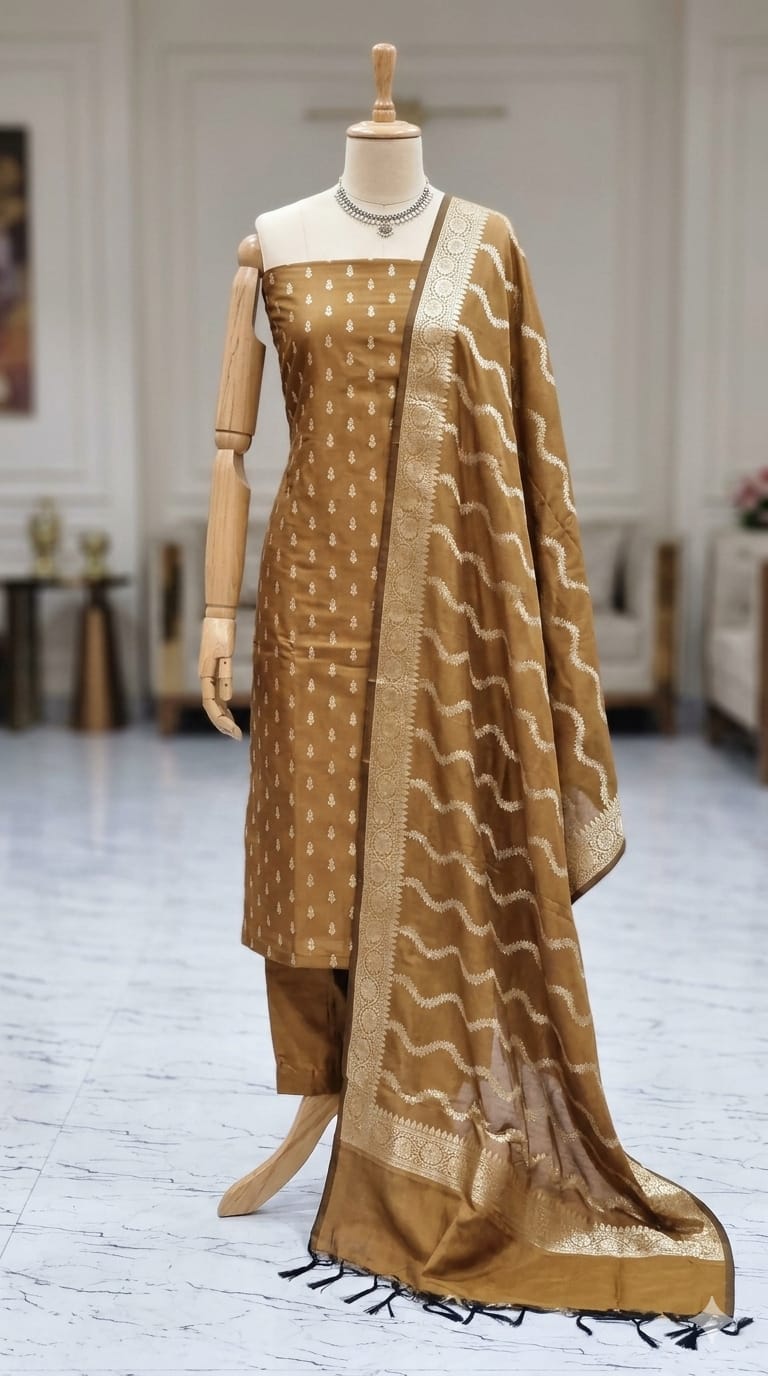 Dark Musturd Banarasi Cotton Silk Suit with Gold Zari Weaving | Elegant Wedding & Festive Wear