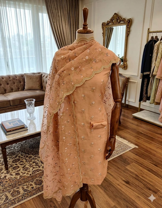Dusty Peach Banarasi Suit Set with Embroidered Dupatta Premium Ethnic Wear