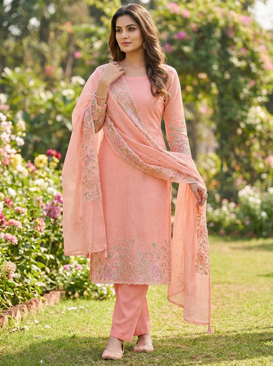 Elegant Peach Banarasi Silk Ensemble with Elegant Resham Embroidery & Scalloped Dupatta | Wedding & Festive Wear