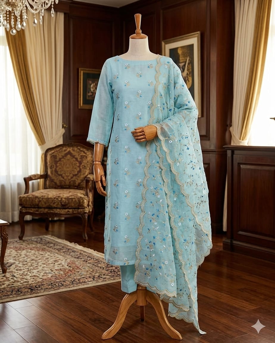 Light Blue Banarasi Suit Set with Embroidered Dupatta Premium Ethnic Wear